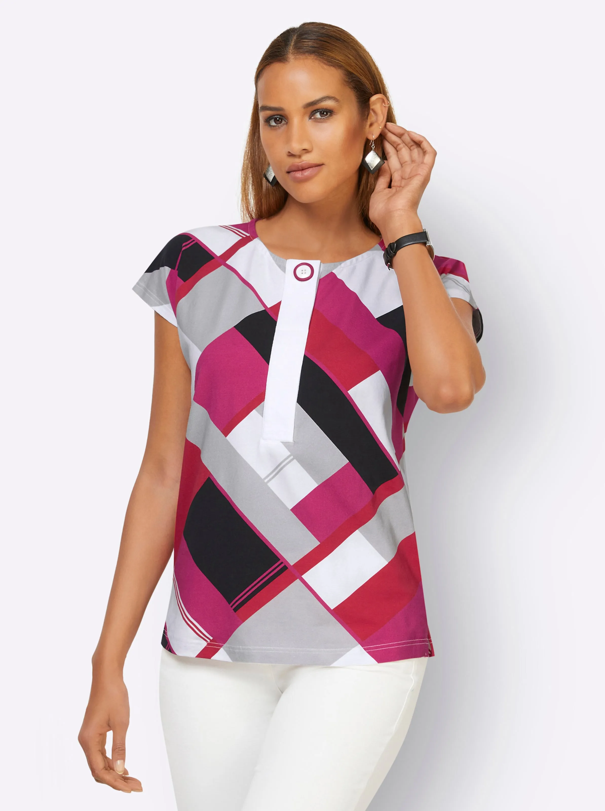 Shirt in weiß-fuchsia-bedruckt
